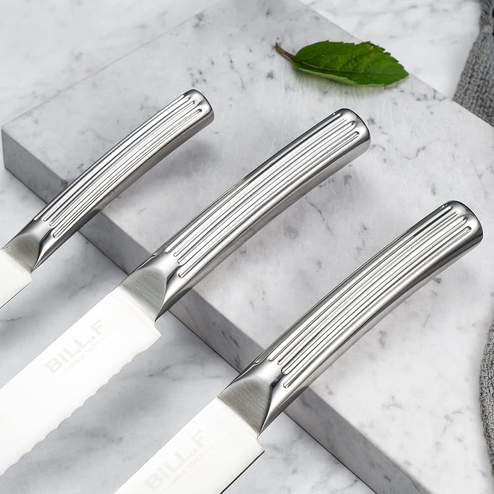 Knife set BILL. F [Santoku Knife, Yanagiba Knife, Gyuto Knife, Bread Cutter, Petty Knife] Knife Block Set, Set of 5, Wooden Knife Knife Holder Included, Non-Slip Handle, Good Sharpness, Made of Stainless Steel, Dishwasher Safe, Vegetable Cutting, Meat Cu