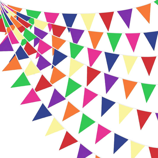 32ft Colorful Banner Rainbow Triangle Pennant Flag Multicolor Fabric Bunting Garland Grand Opening Kids Birthday Party Celebration Classroom Outdoor Garden Festival Hanging Shop Decoration
