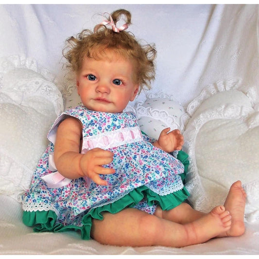 60CM Realistic Reborn Baby Doll Blue Eyes 24inch Girl Reborn Toddler Doll Blonde Curly Hair Princess 3D Skin Hand Painted Doll Visible Veins