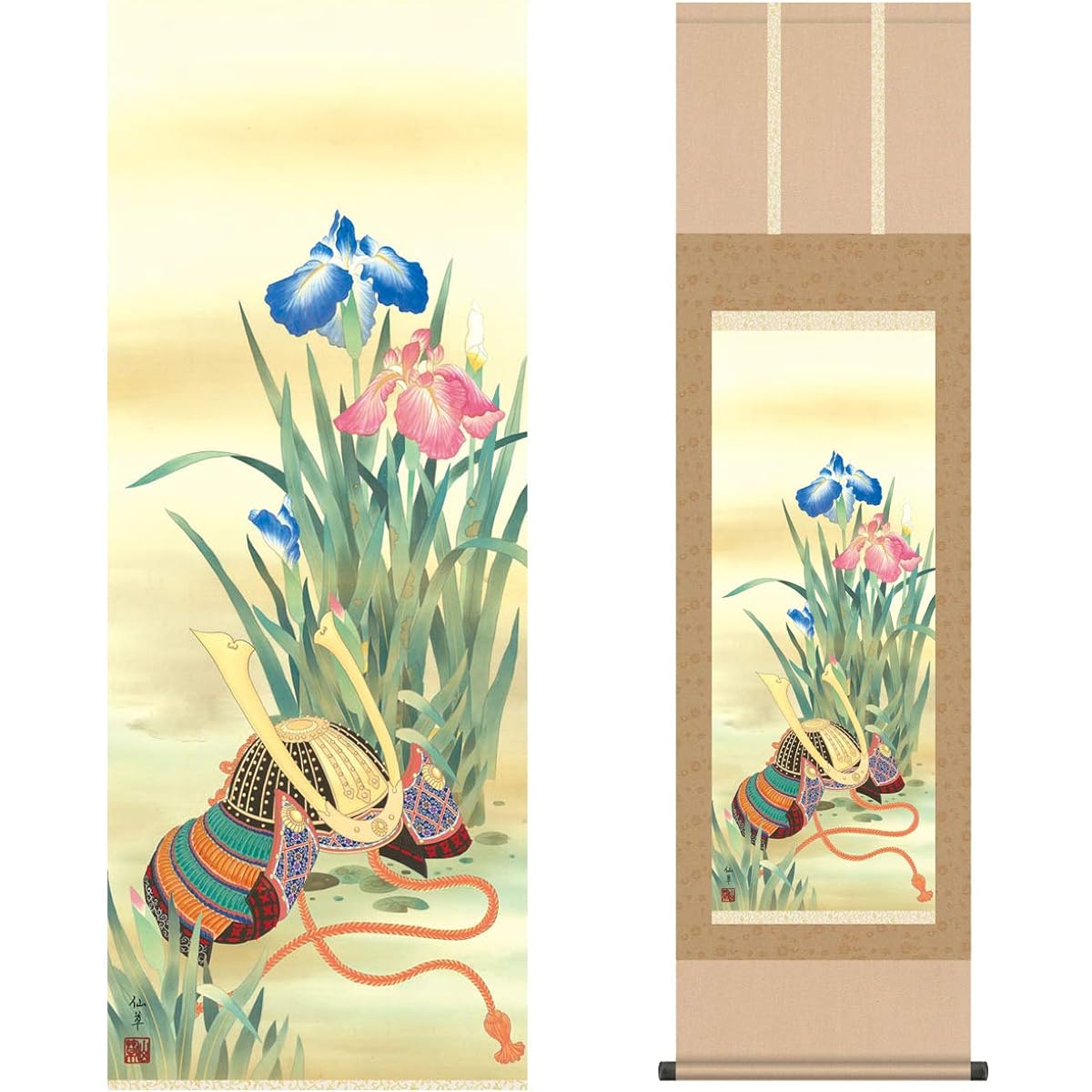 Modern hanging scroll, 130cm, Boys' Festival, Helmet and Iris, Suzuki, Senso, Yasaka-kai, Rakusai Donsu original mounting, mounting quality, storage box, insect repellent incense, wind chime included