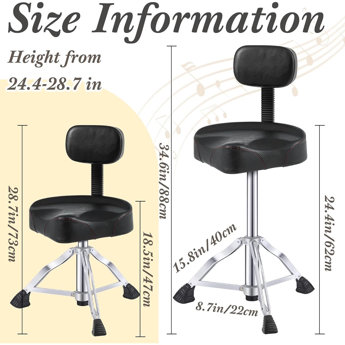 Sintuff Drum Throne with Backrest Padded Hydraulic Drum Chair Adjustable Height Drum Stool Stable Bass Comfortable Memory Foam Drum Seat for Adult Drummer Guitar Player Black