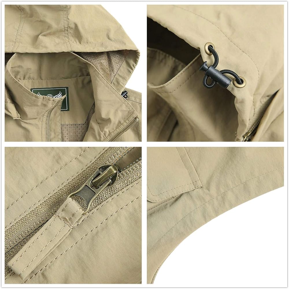 [Rortyno] Fishing Vest, Hooded Vest, Fishing Vest, Nylon Vest, Brushed Lining, Thin, Hooded Vest, Zip Up, Jacket with Many Pockets, Vest, Military, Large Size