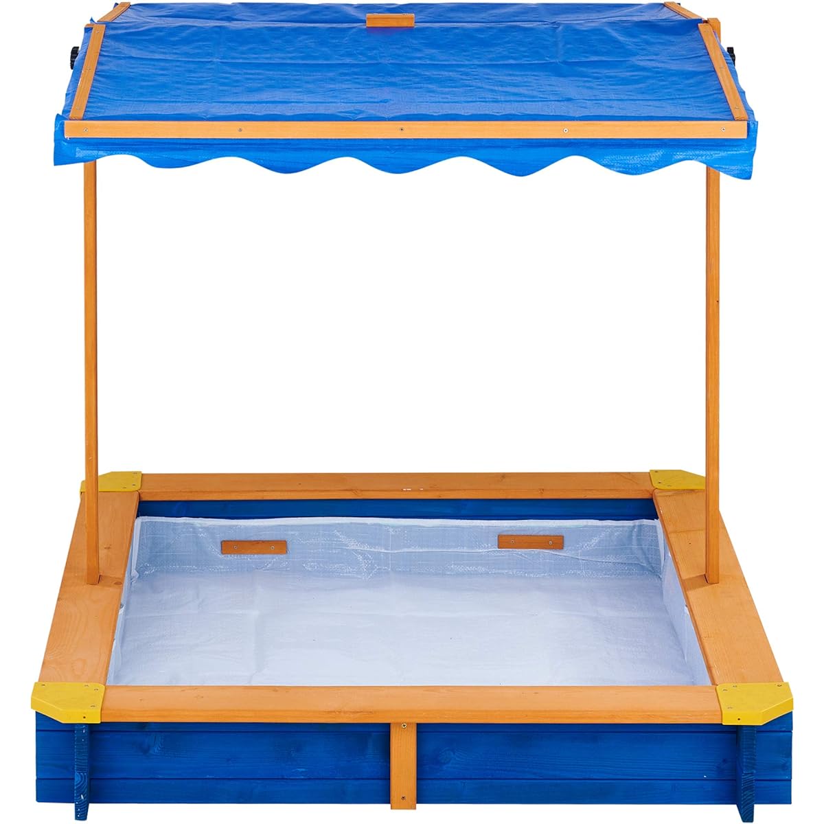 Teamson Kids Outdoor 46" x 46" Spruce Sandbox with Adjustable Canopy and 300 Lb Sand Capacity, Blue and Wood