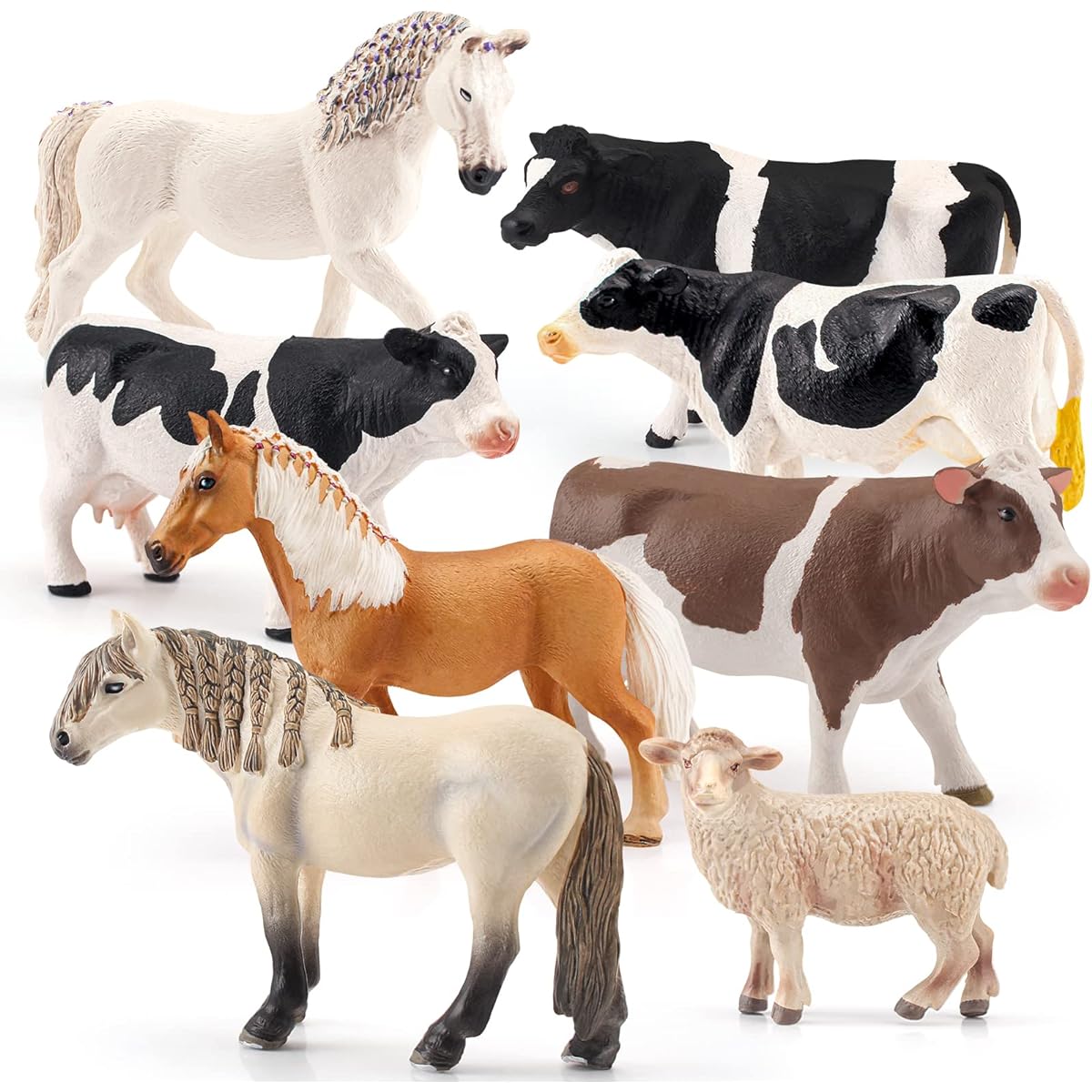 LC JoyCre Farm Toy Playset 8 Pieces Animal Cow Toys for Toddlers Sheep Figures Holstein Simmental Cow Figurines Hanoverian Horse Figurines Sheep Models Kids Birthday Party Collection