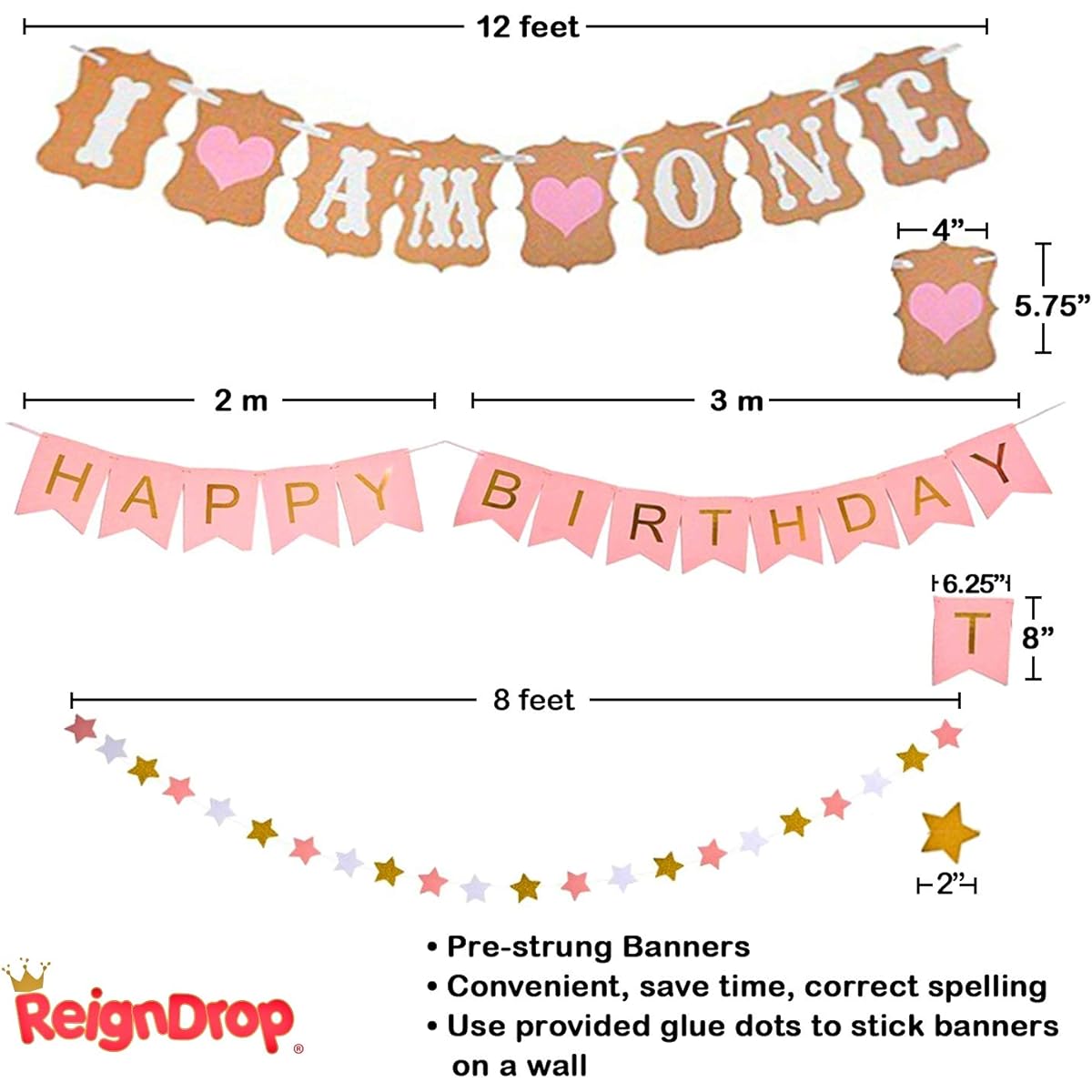 ReignDrop 1st Birthday Girl Decorations and Party Supplies 139 Pieces - Highchair, Balloons, 12 Month Milestones, Garland, Cake Topper, Pom Poms, Party Hats, Backdrop, Pink, Pearl White, Gold Decor Pack