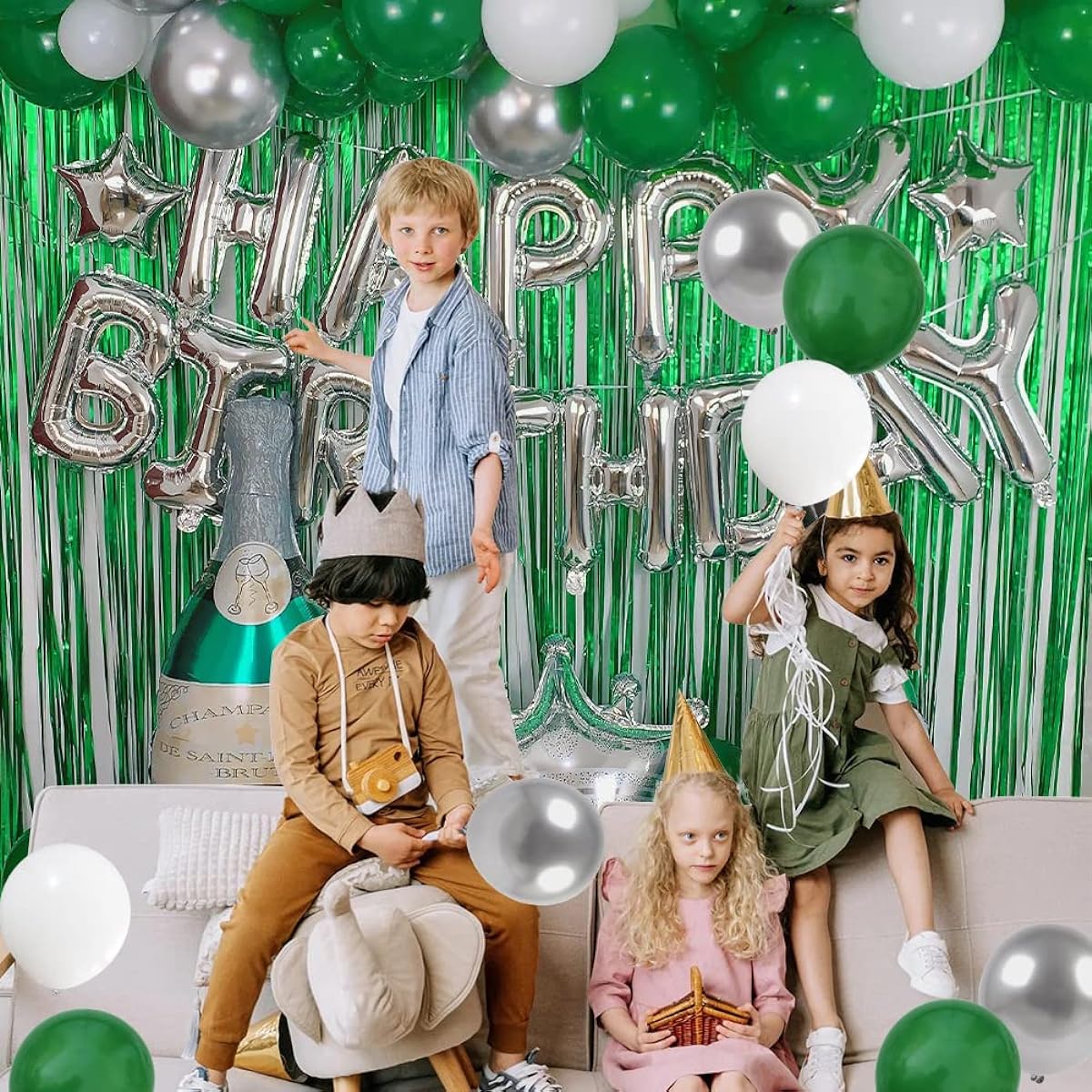 Green Birthday Party Decorations Silver Happy Birthday Banner, White, Green, Silver Balloons, Emerald Green Champagne Balloons, Fringe Curtains for Men Women Girls Boys Party Decoration Supplies