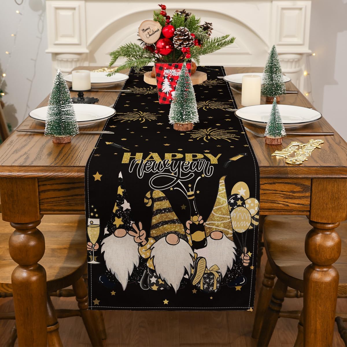 Siilues New Year Table Runner Funny Gnome Happy New Year Decoration Cheers Runner for Table Seasonal Winter Holiday Indoor/Outdoor Dining Table Decor (13" x 72")
