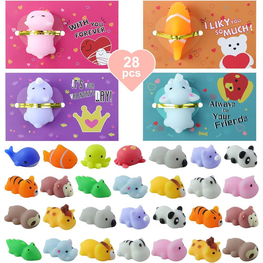 28 Pack Valentine Cards for Kids Classroom Valentine Greeting Cards Cute Squishy Squishy Toys Valentine's Day Classroom Exchange Gifts for Kids Girls Boys