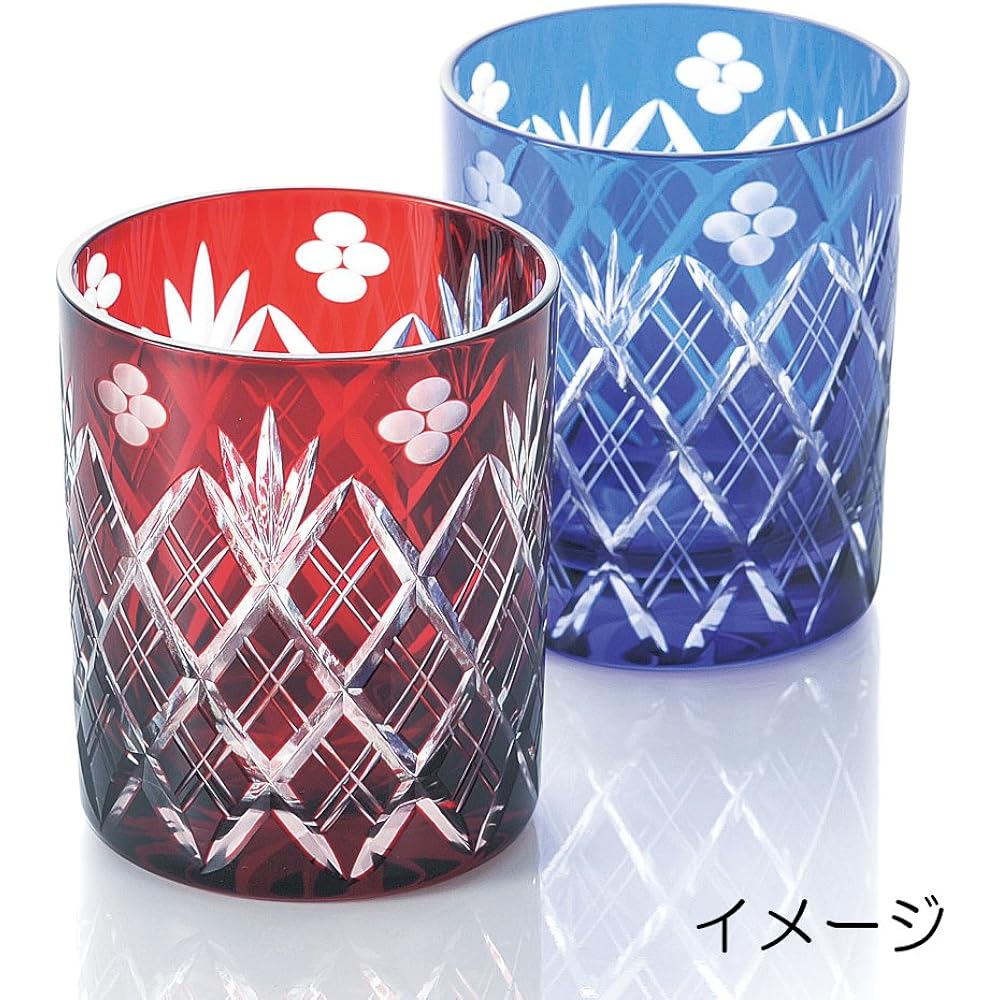 Edo Kiriko Glass Rocks Glass 250ml Red Small Flower Sword Yarai Crest (In Wooden Box) Made in Japan 223527
