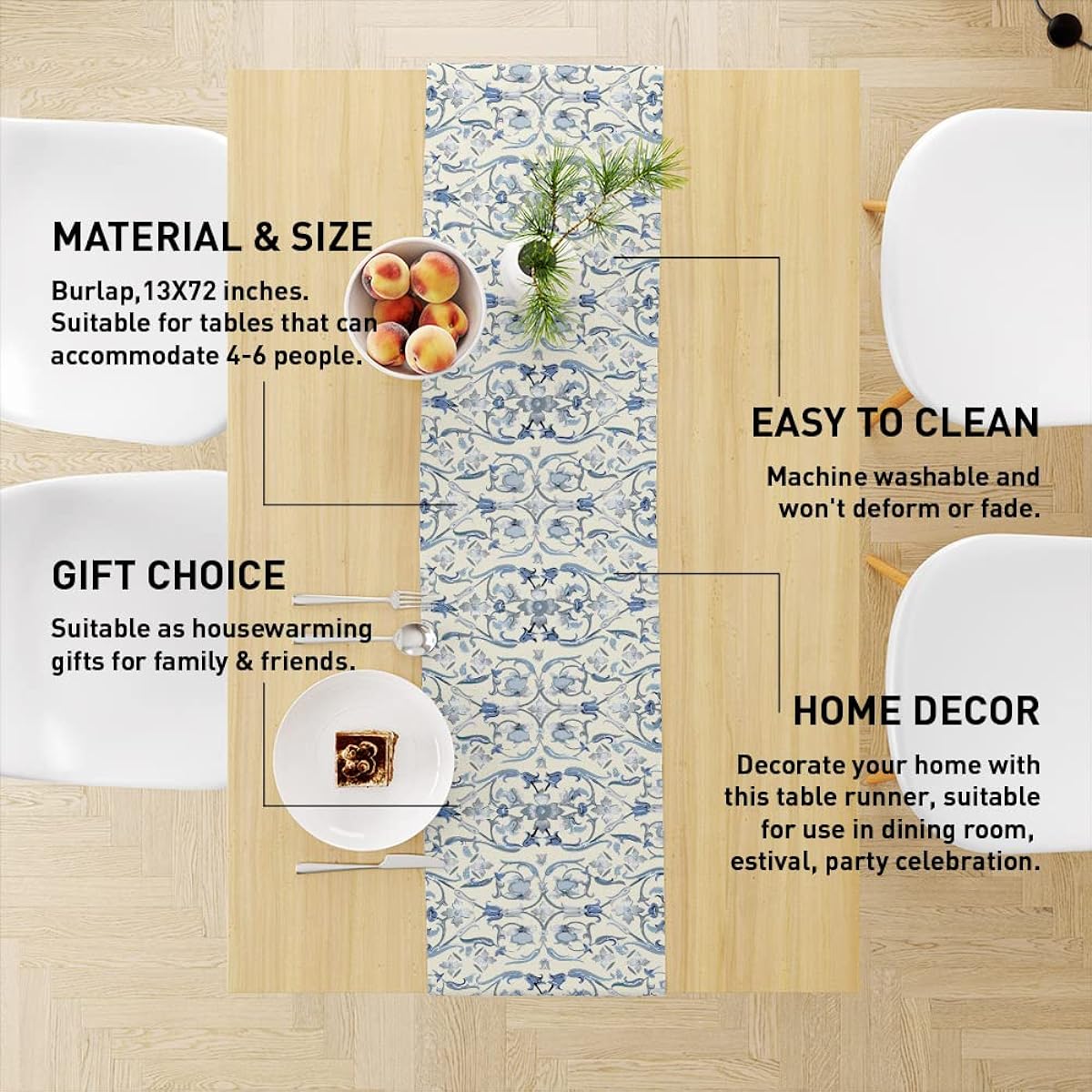 Blue Floral Table Runner, Victorian Pattern Table Runner Decor Dining Room Kitchen Modern Table Runner for Holiday Party, Housewarming Gift, 13X72 Inches
