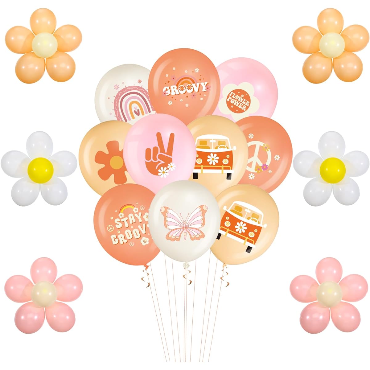 Hiboom 72pcs Groovy Retro Hippie Balloons Boho Daisy Party Balloons 12inch Rainbow Daisy Flower Butterfly Peace Sign Latex Balloons for Kids Girls 2 Groovy Birthday Party Decorations Supplies