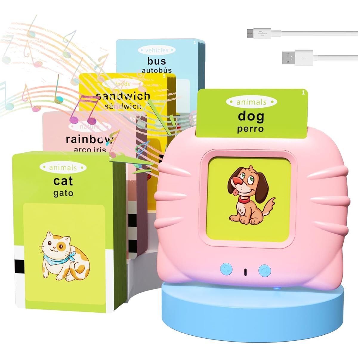 ROATEE Talking Flash Cards for Toddlers 224 Characters Pocket Speech Toddler Toys for Kids with Autism Montessori Trend Toys for Toddlers/Boys/Girls Spanish (Pink)