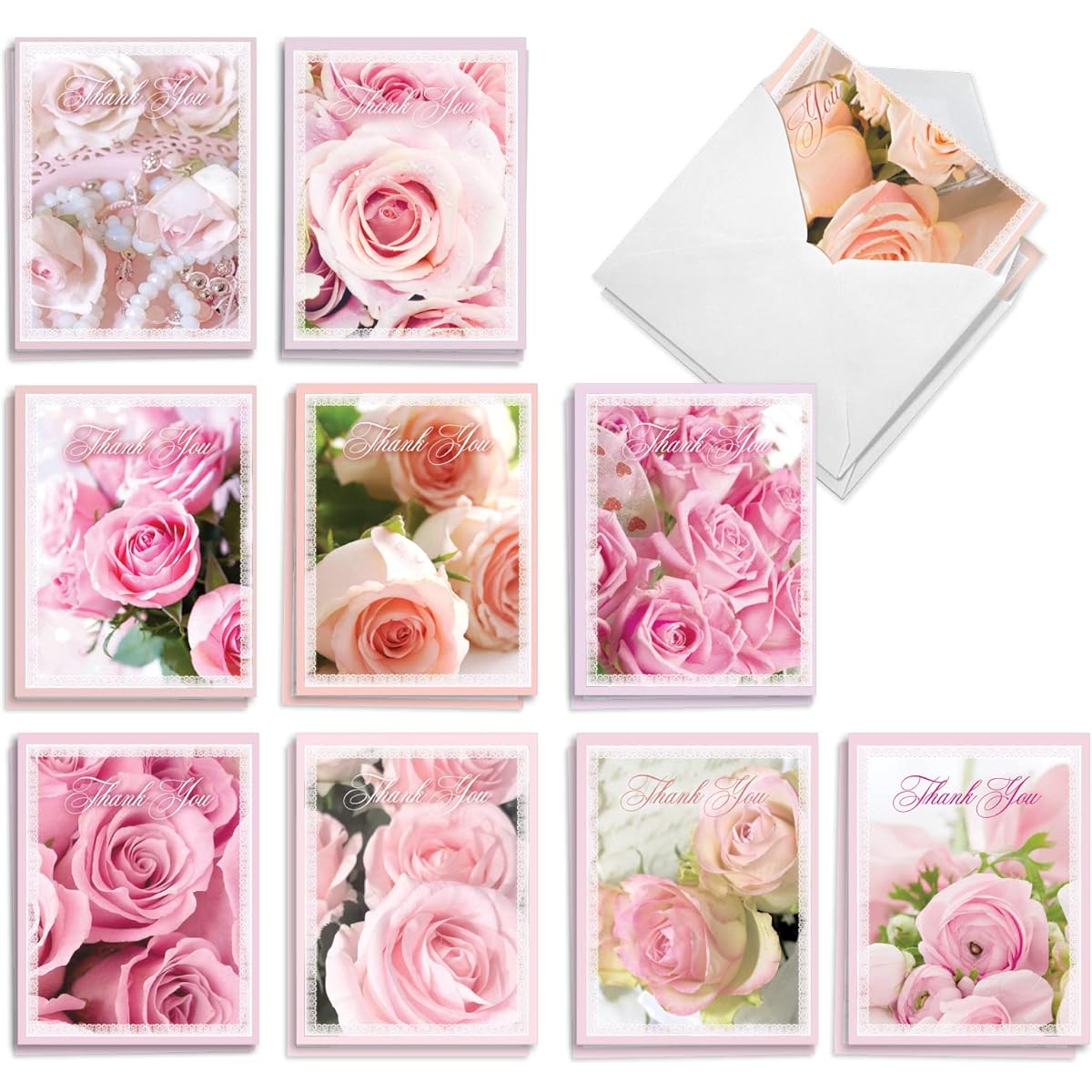 The Best Card Company 20 Assorted Blank Thank You Notes Box Set 4 x 5.12 Inch with Envelopes (10 Different Designs, 2 of Each) Pink Roses AM10311TYB-B2x10