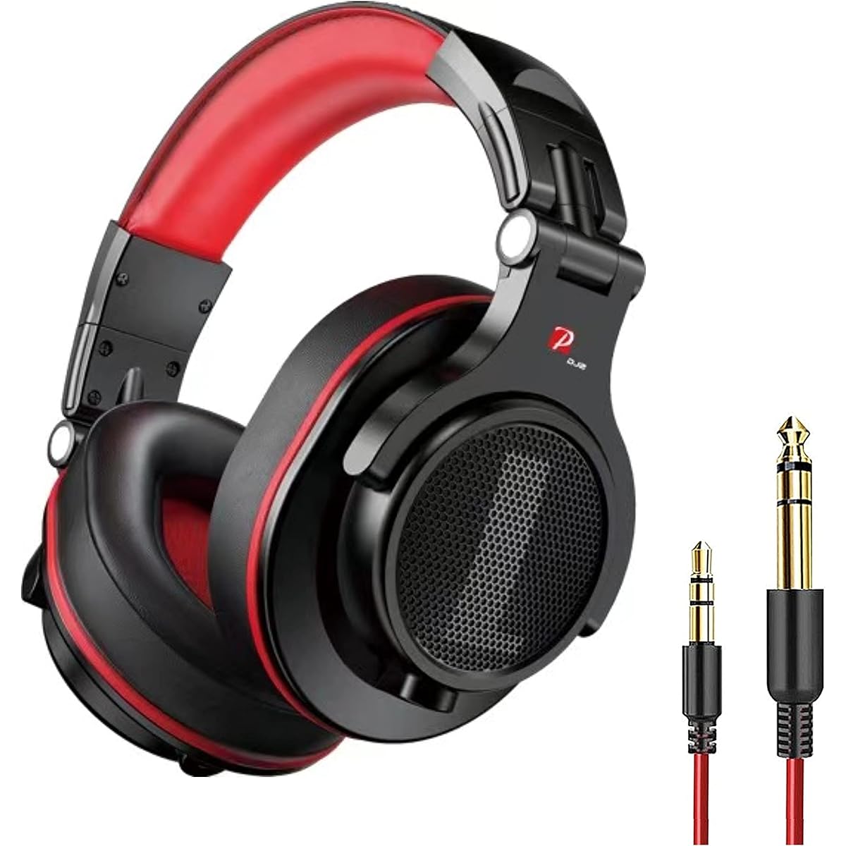 Prosonic Over Ear Headphones Wired Bass Headset with 40mm Driver Foldable Lightweight Headphones with Share Port and Microphone for Recording Monitoring Mixing Podcast Guitar PC TV (Black Red)