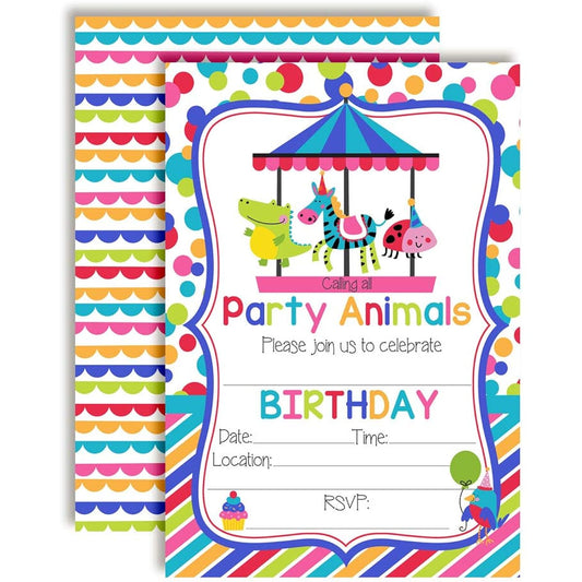 AmandaCreation Party Animals Carousel Merry-Go-Round Theme Birthday Party Invitations - 20 5"x7" Cards with 20 White Envelopes