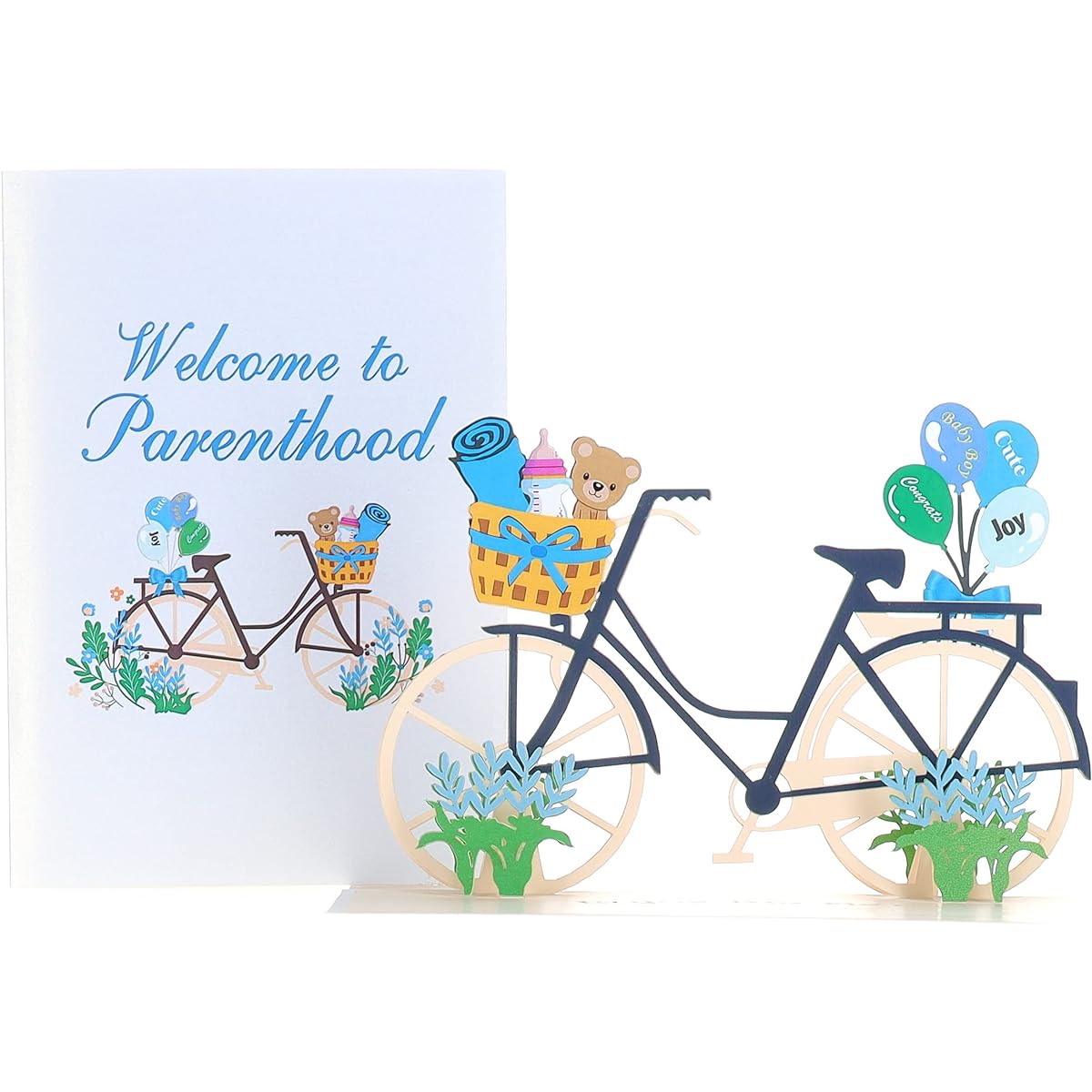 iGifts and Cards Cute Baby Boy Bike Shower 3D Pop Up Greeting Card - Parents and Children, Congratulations, Warm Wishes, Half Folded, Funny Balloons, Fun, Blue, Joy, Unique, Love, Happiness, Valuables