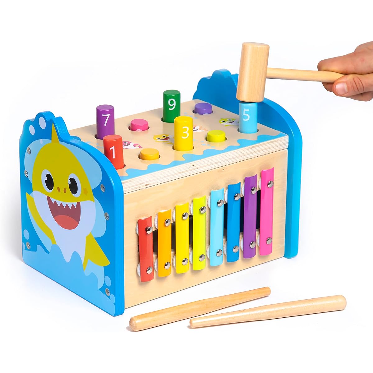Pidoko Kids Baby Shark Toy - Montessori Hammer & Smash Toy - First Birthday Gift for Boys & Girls - STEM Wooden Toys 1st Year Old Gift - Baby Xylophone and Number Maze