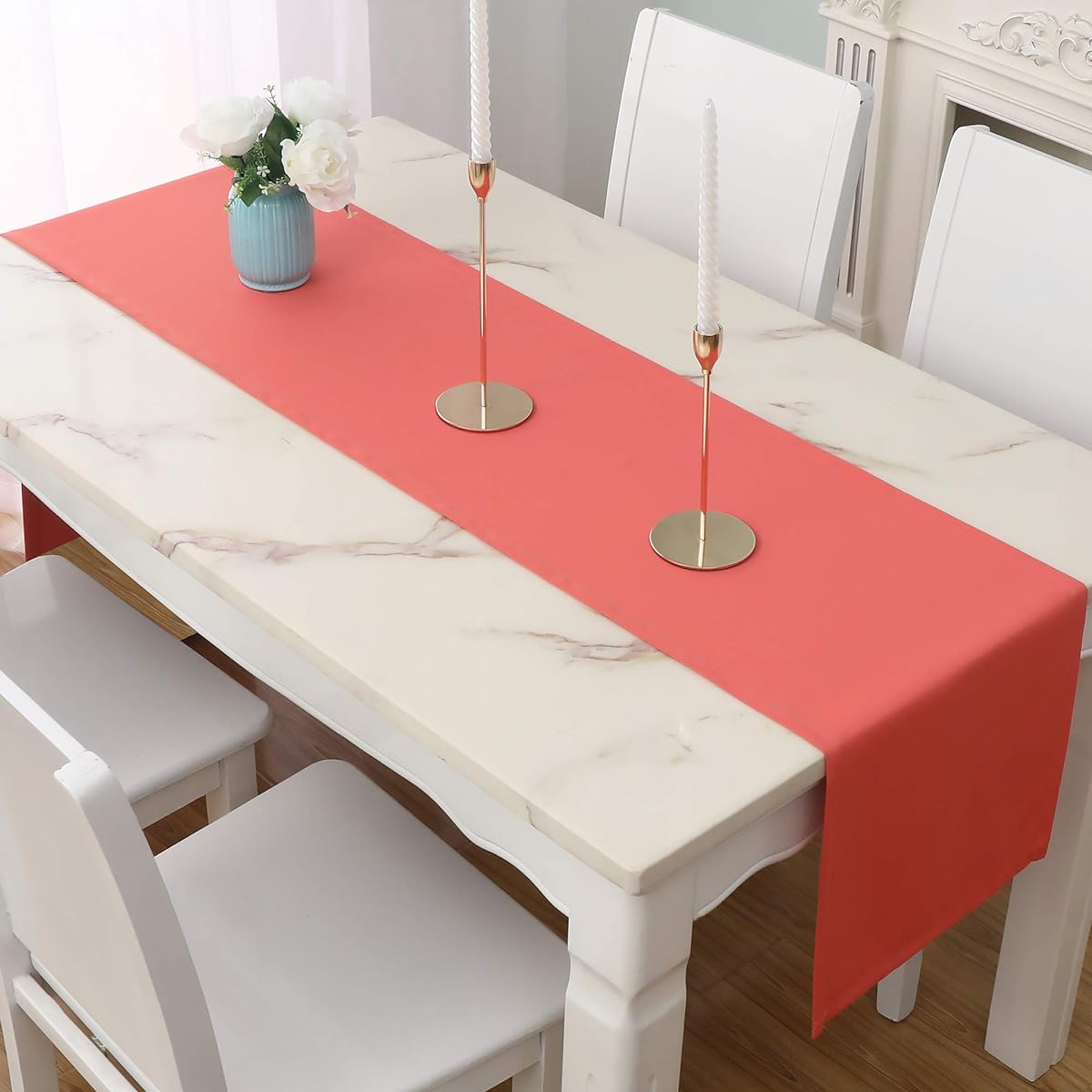 DUALIFE Coral Table Runner, 14 x 108 Inch, Large Solid Thick Polyester Decorative Cloth for Weddings, Parties, Birthdays, Graduations, Hotel, Restaurant, Banquets, Catering, Service, Events