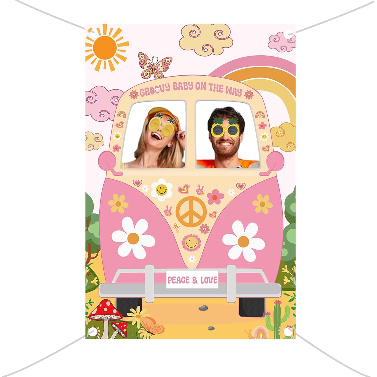Groovy Party Decorations Hippie Bus Photo Backdrop Decor 60s 70s Party Happy Birthday for 2 Groovy Birthday Party Supplies Daisy Rainbow Peace Love Signs Bus Photo Booth Frame 5 x 3.3ft