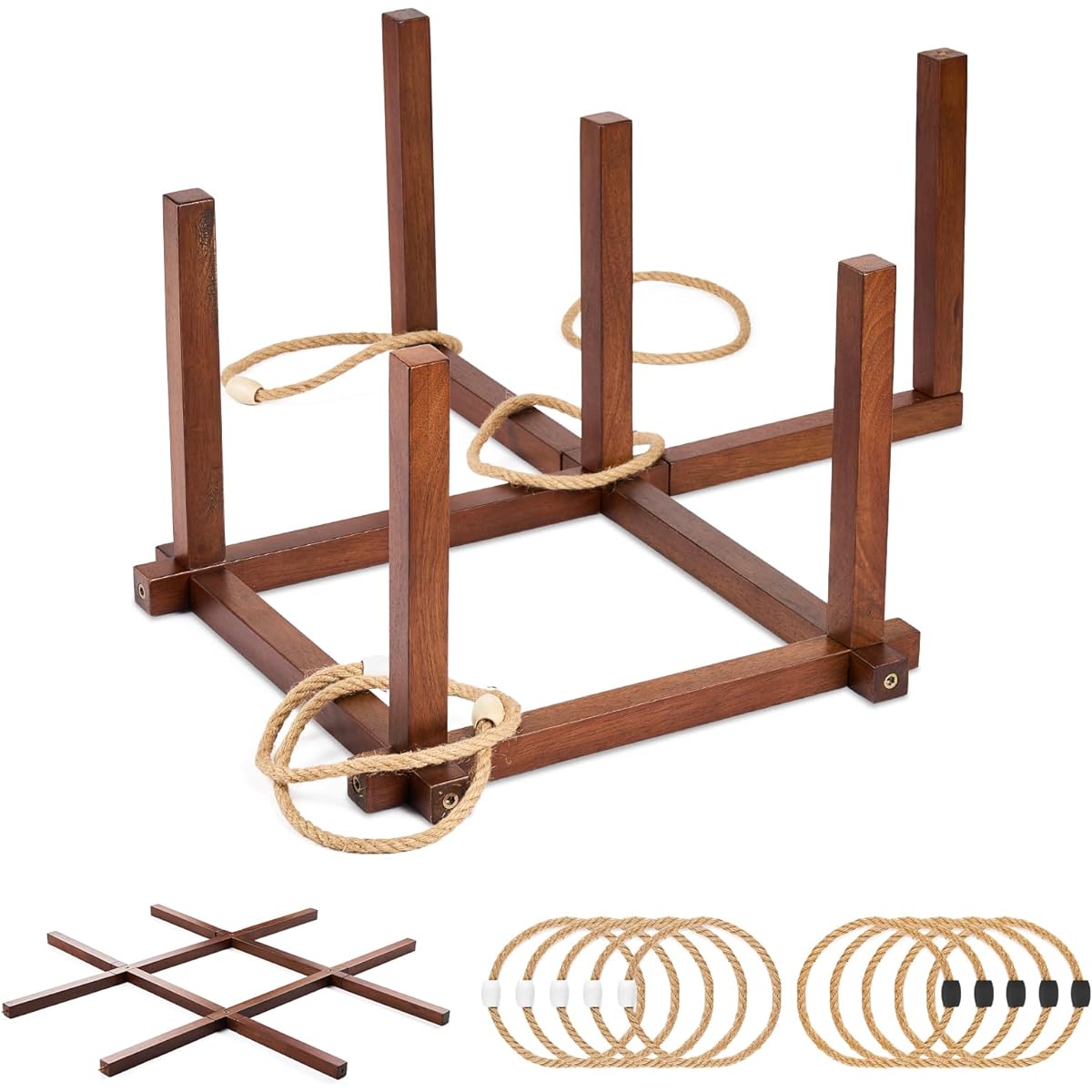 BOHEN Wooden Outdoor Ring Toss Game + Tic-Tac-Toe Game 2-in-1 Set Contains 12+ Combinations for Kids & Family Party