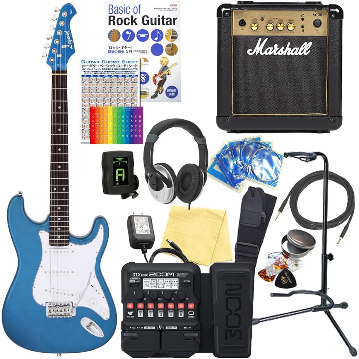 Electric guitar beginner set, Stratocaster type, 18-piece set with Marshall amp, Legend LST-Z MBMB [ZOOM G1XFour multi-effector included]