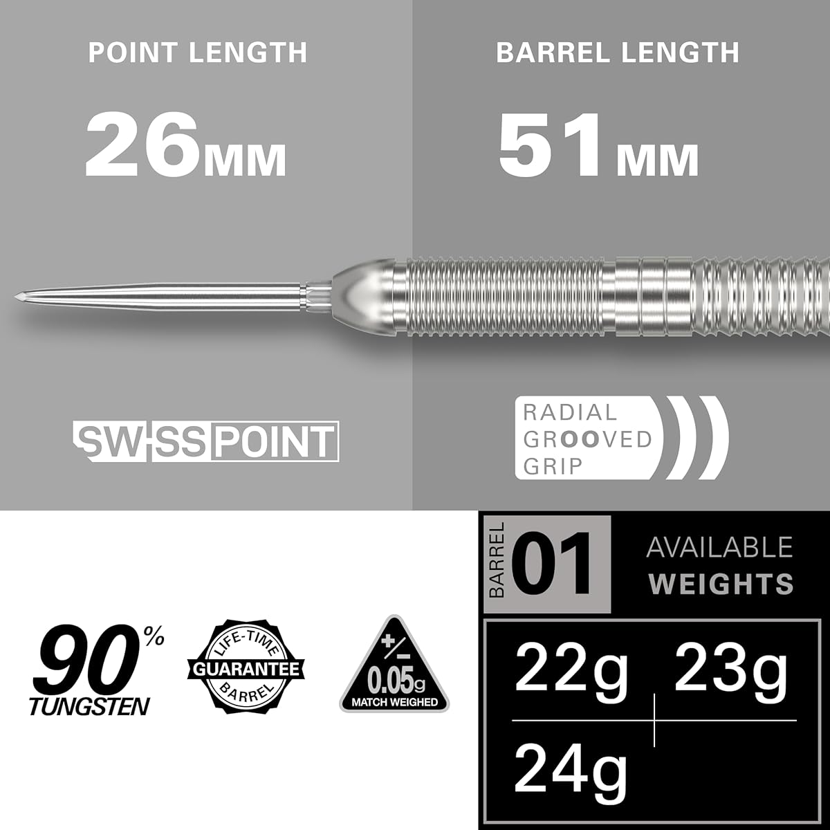 Target Darts Crux 01 22G Tungsten 90% Swiss Point Steel Tip Dart Set