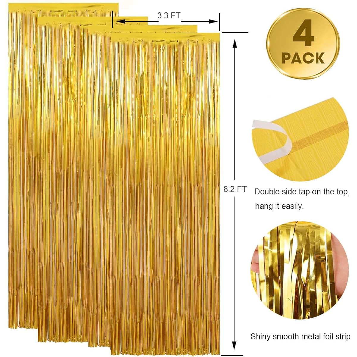 WODCM Foil Fringe Backdrop Curtains 4 Pack 3.3x8.2ft Tinsel Streamers Birthday Party Decorations Festival Party Streamers Fringe Backdrops for Parties and Festivals (Gold)