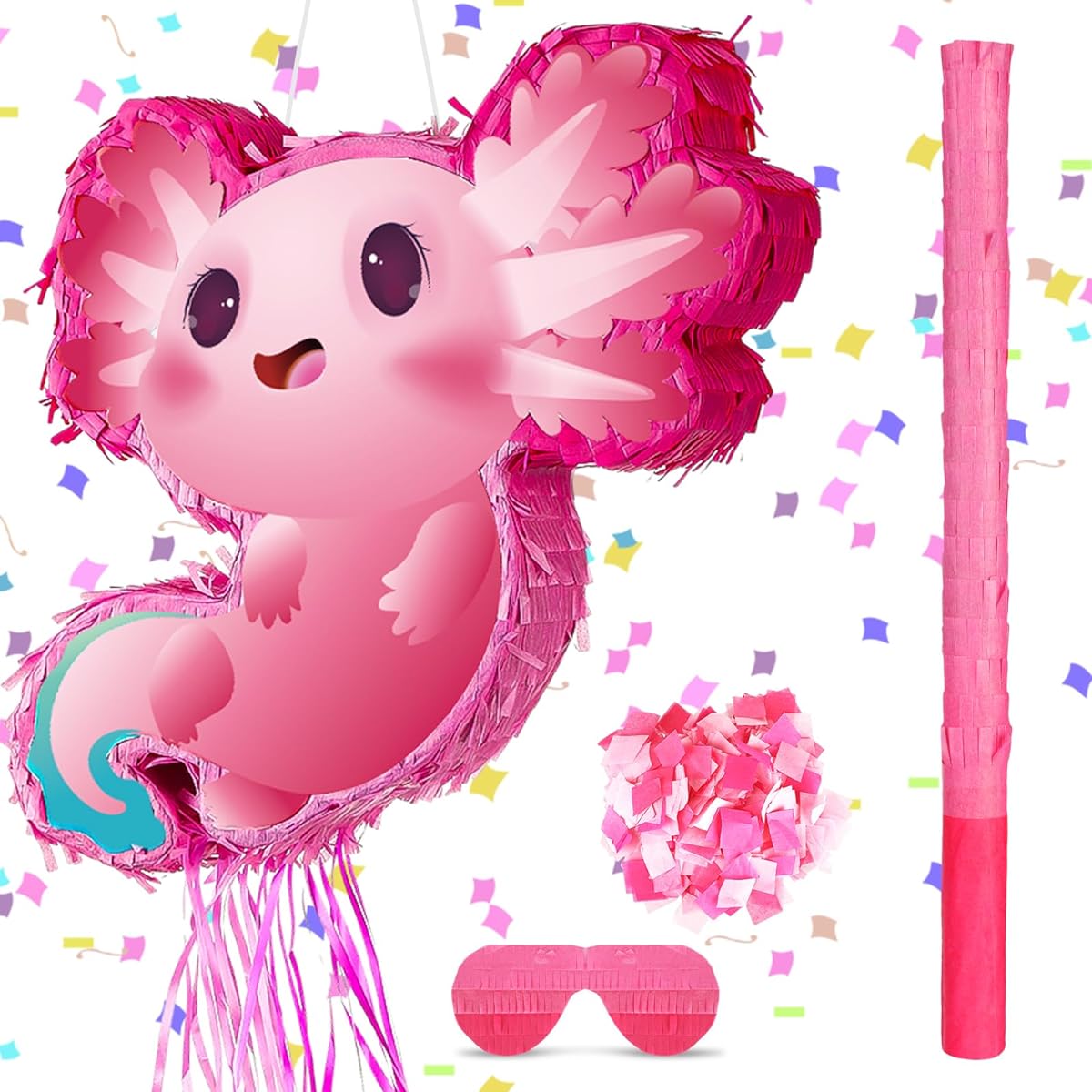 Axolotl Pinata Birthday Party Supplies, Animal Pinata, Blindfold, Bat, Confetti, Axolotl Party Favors for Kids Girls Birthday Baby Shower Party Supplies, 15.75 x 12.2 x 2.95 Inches
