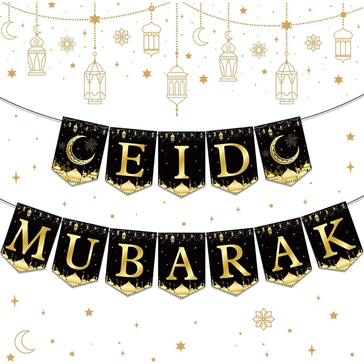 Eid Mubarak Banner Muslim Party Decoration Black Gold Moon Lantern Hanging Eid Mubarak Hanging Banner Party Supplies Home Wall Window Door Fireplace Mantle Happy Eid Ramadan Party Favors