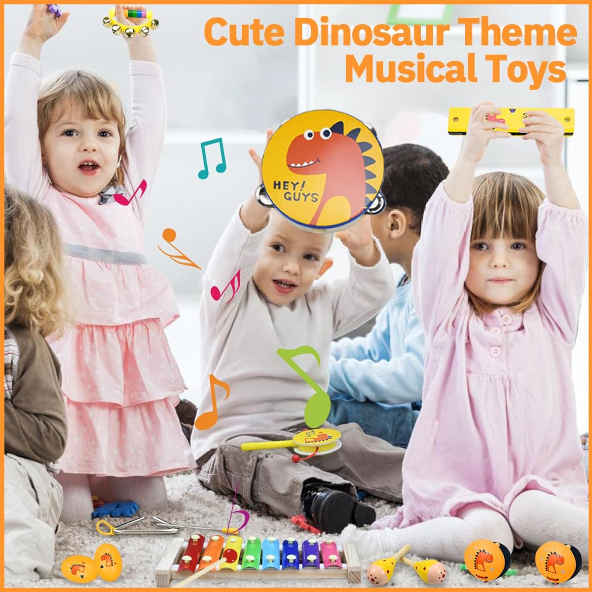 Toddler Musical Instruments for Babies 1-3, Wooden Music Toy Set | Percussion Drum, Xylophone, Maracas Shakers, Tambourine | 14 Pieces Dinosaur Instrumentos musicales para Niños Kit for Kids Early Education