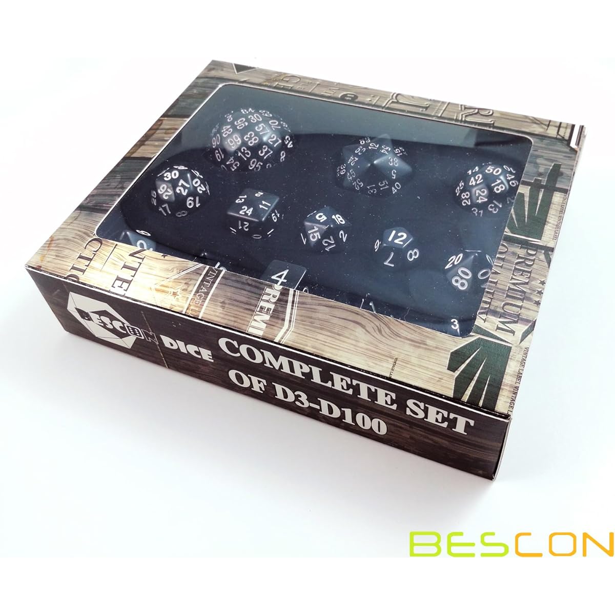 Bescon Complete Polyhedral Dice Set 13pcs D3-D100, 100 Sides Dice Set Opaque Black