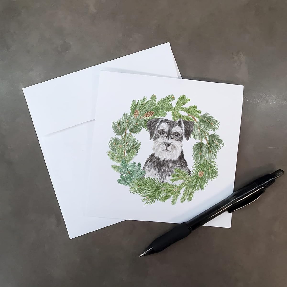 Caroline's Treasures CK8892GC55 Schnauzer Black & Silver Christmas Wreath Square Greeting Cards and Envelopes, Pack of 8, Blank Cards with Envelopes, Thank You Notes, Greeting Cards, Stationery, 5x5