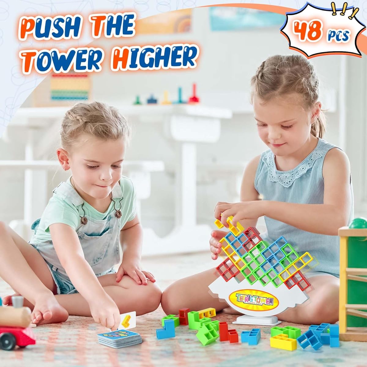 FRAMONICS 48 Piece Tetra Tower Balance Stacking Block Game Board Game 2 Player+Family Game