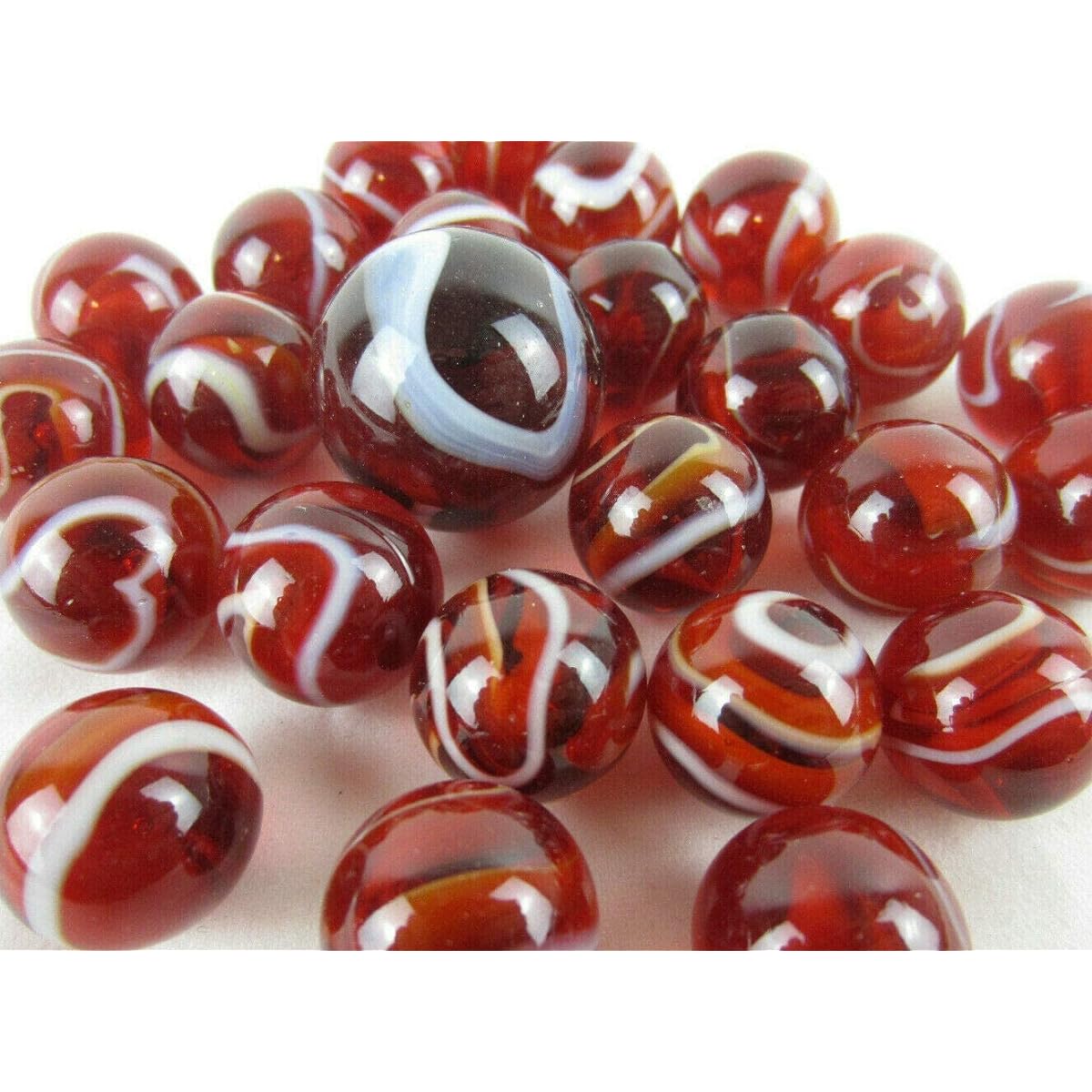 Big Game Toys~ Glass Marbles Ruby Moon Translucent Red/White Swirl Classic Style Game Pack (24 Players/1 Shooter) Decoration/Vase Filler/Aquarium 25 Pieces