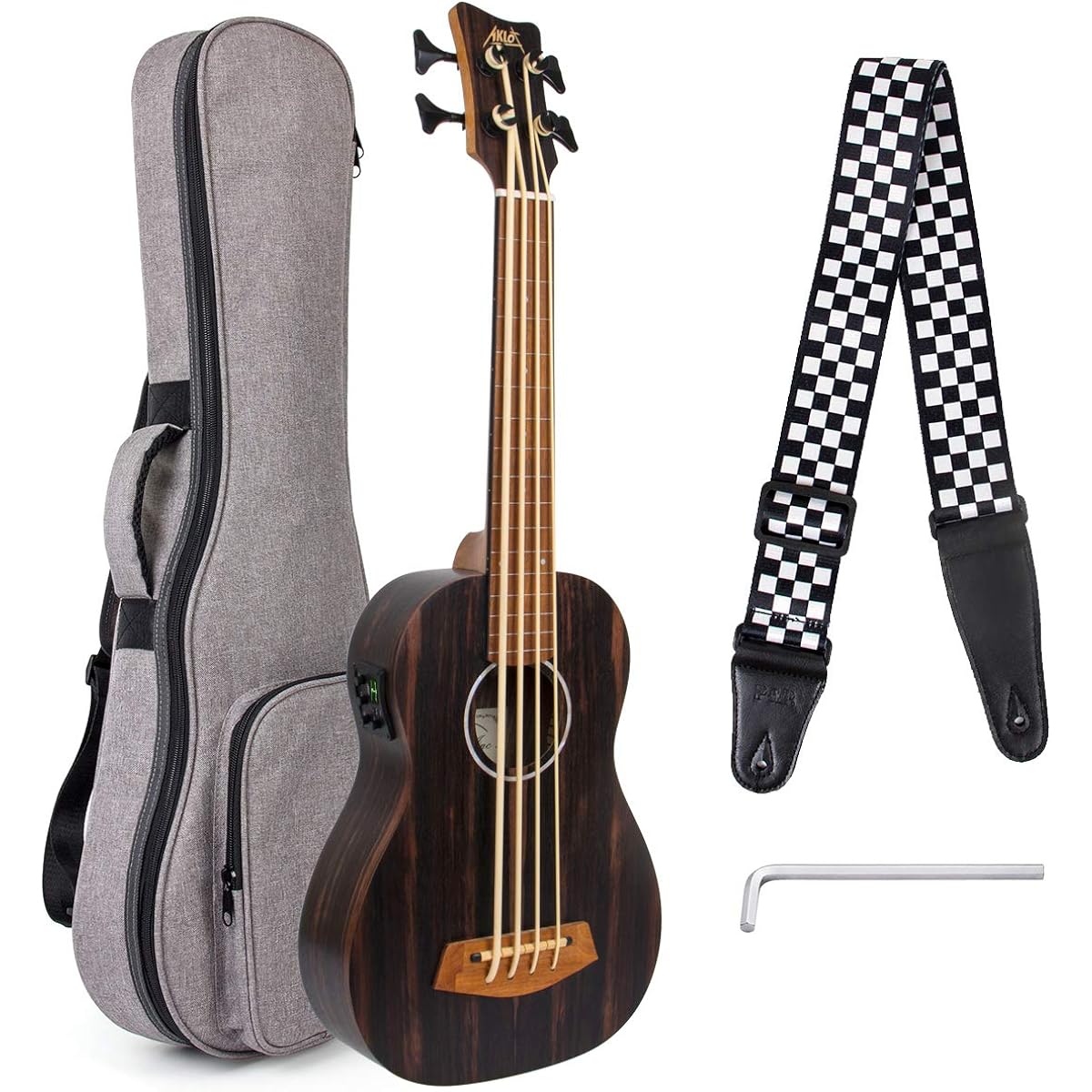 AKLOT Bass Ukulele, 30 Inch Ukulele Bass EADG Soft Case Strap Pick Included (Ebony Brown)
