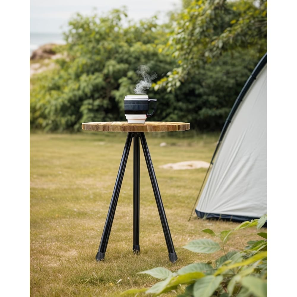 MTRVR Outdoor Table, Round Folding Camping Table, Wood Table, Made of Natural Teak Material, Lightweight, Compact, Height Adjustable, Solo Camping, Bonfire, Balcony, Garden, Indoor/Outdoor, Stylish, Storage Bag Included