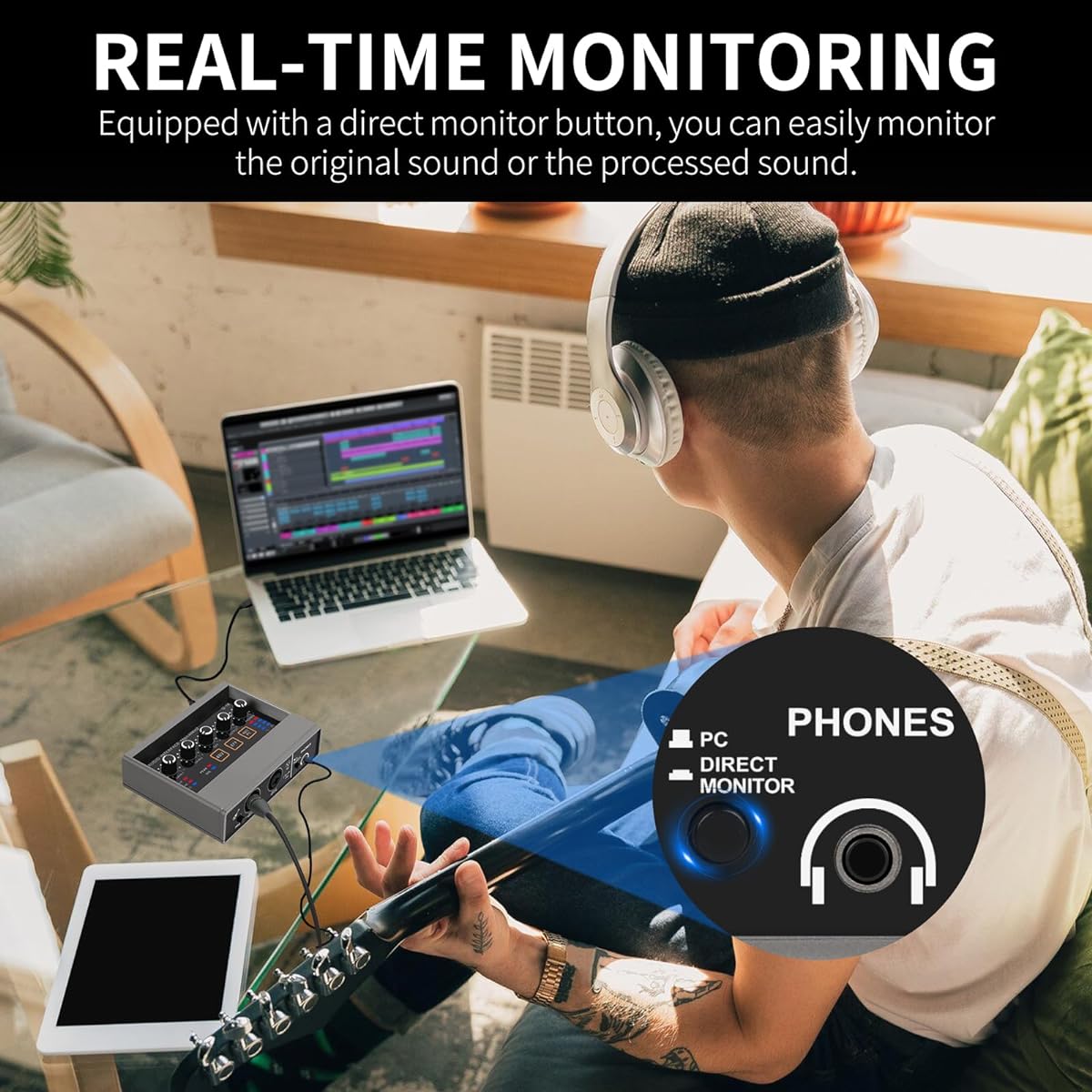 XTUGA Q-16 Professional Audio Interface USB Recording Sound Card 16bit/48kHz Audio Resolution Built-in Monitor Jack DSP Effect 48V Power Supply for Studio Recording K Song Record