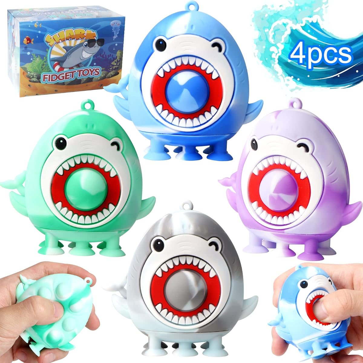 Shark Party Favors for Kids Silicone Shark Suction Bath Toy 3D Shark Pop Fidget Toy Stress Relief Desk Toy Summer Party Favors Shark Toys for Kids