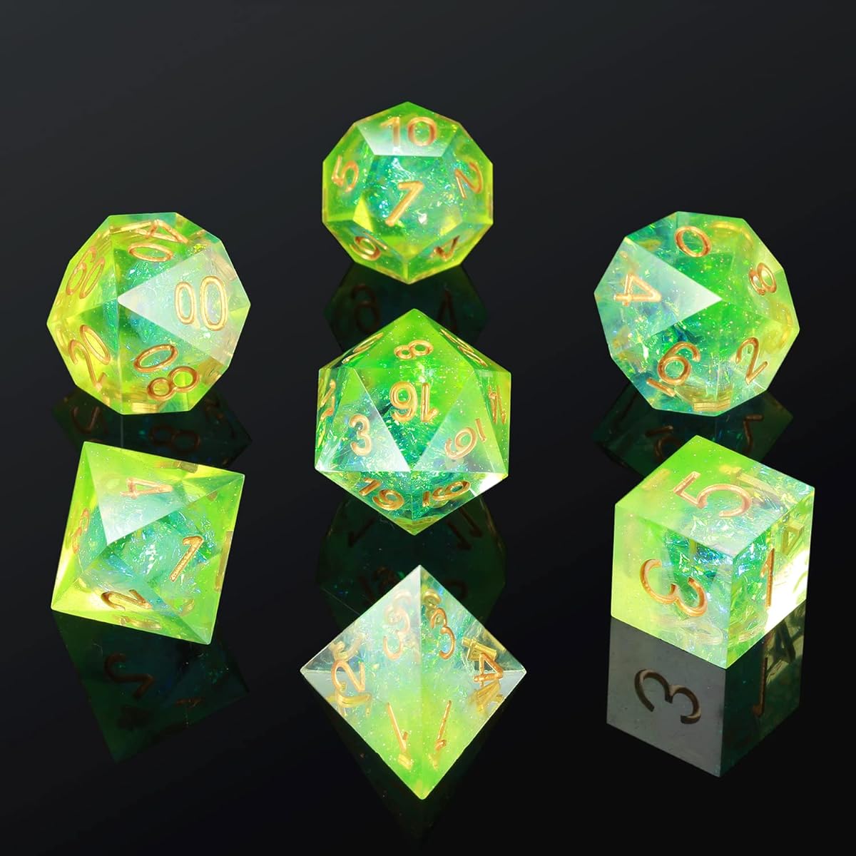 DND Sharp Dice DND Resin Sharp Edge 7 D&D Dice with Luxury Gift Case for Dungeons & Dragons Green and Clear with Gold Numbers