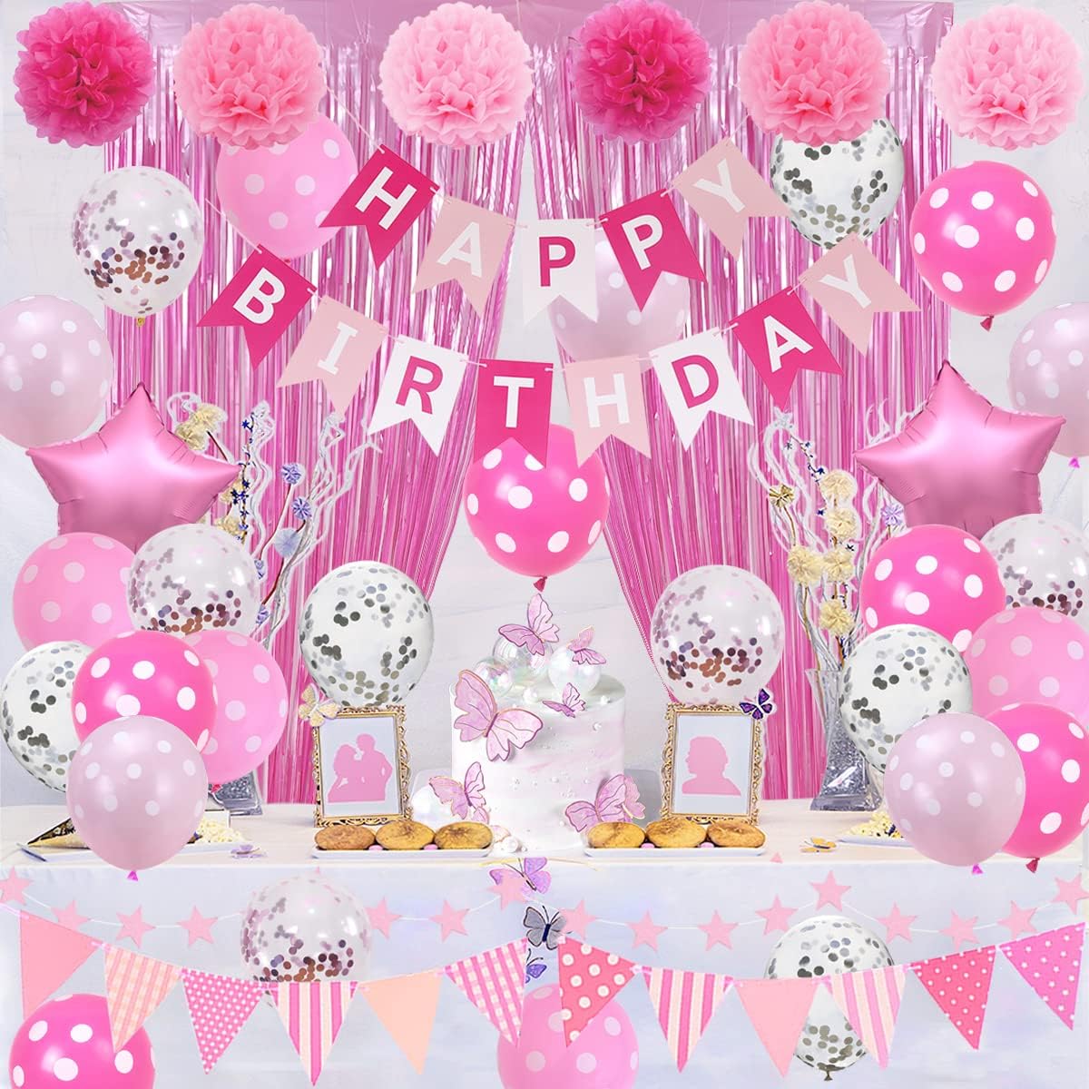Pink Birthday Party Decorations, Light Pink and White Decorations with Happy Birthday Banner, Tissue Pom Pom Flowers, Pink Foil Fringe Curtains, Happy Birthday Party Supplies for Girls, Women, Kids