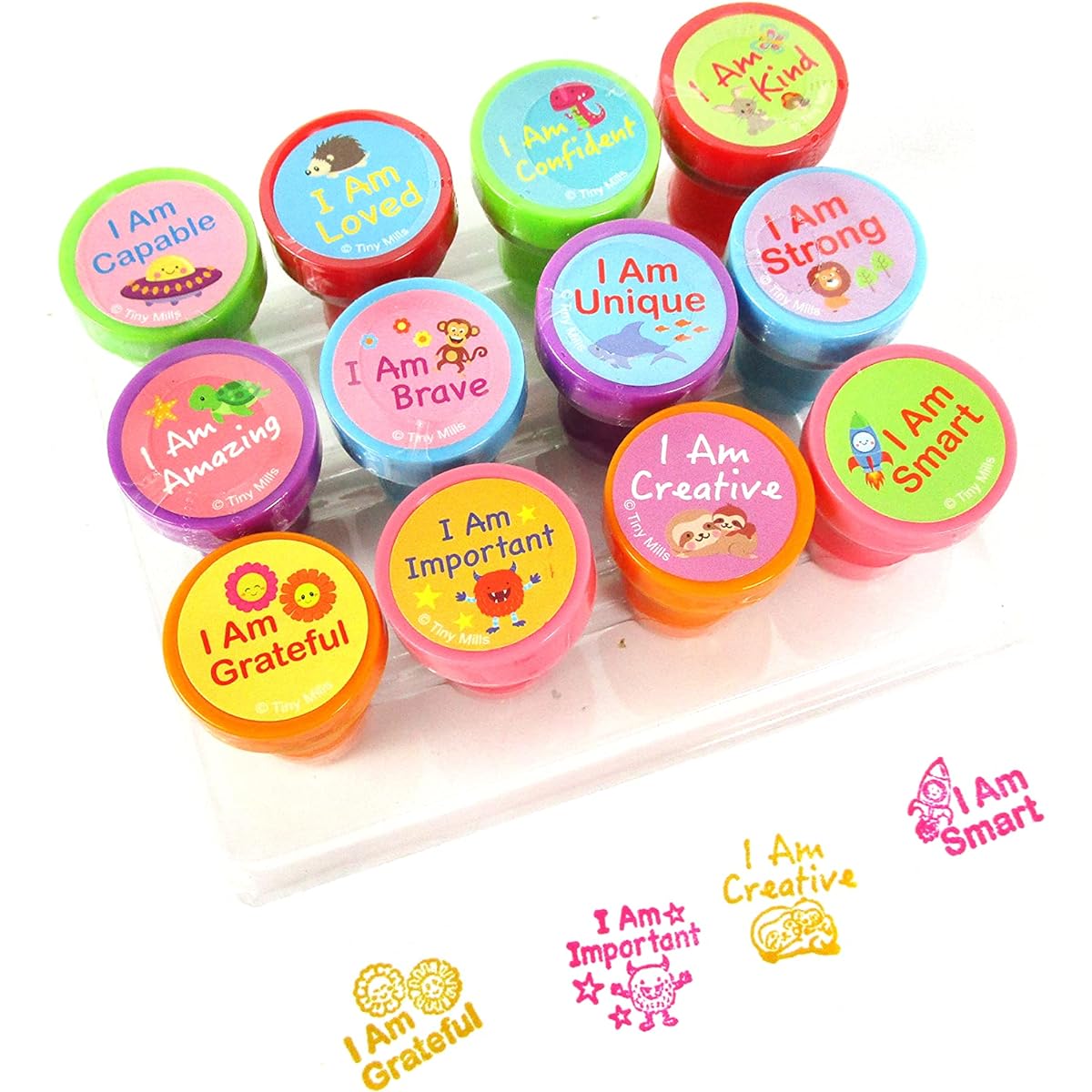 TINYMILLS Positive Affirmations Stamp Kit for Kids - 12 Positive Mindfulness Self Inking Stamps Gift Party Favors