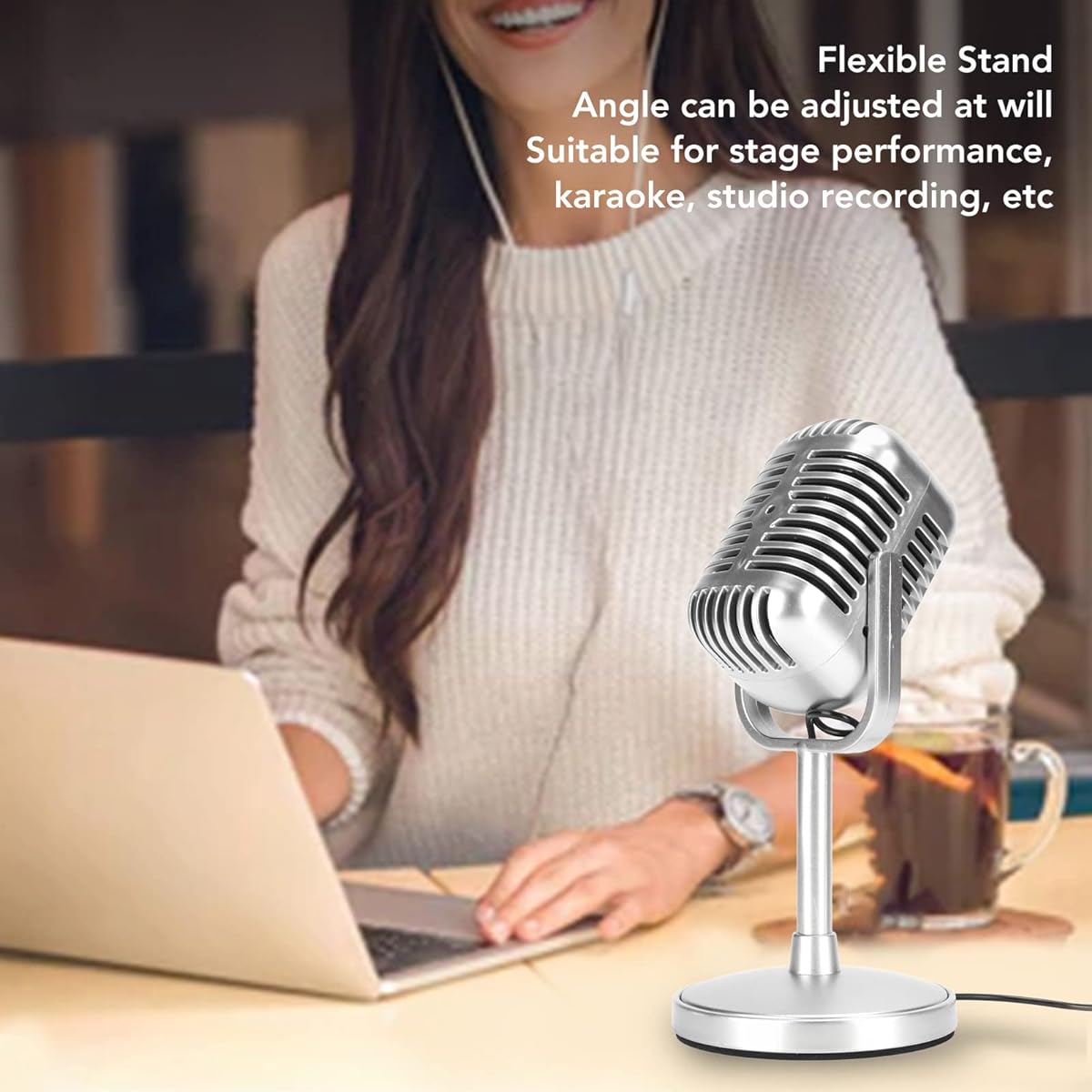 Classic Retro Dynamic Vocal Microphone Vintage Desktop Microphone Adjustable Angle Plug and Play Wired Retro Condenser Mic for Karaoke Stage