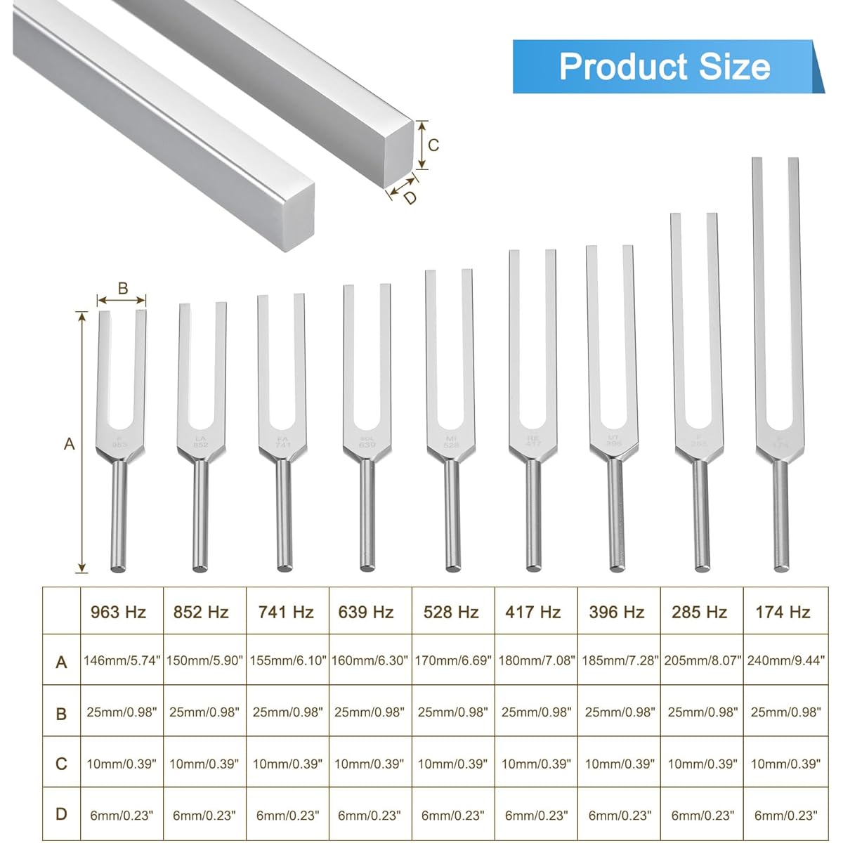 MECCANIXITY Tuning Fork Set 9 Pieces Tuning Fork Aluminum Alloy Musical Instrument Treatment Yoga Sound Test Tuning Fork Tool Set Violin Guitar Tuner Device Silver with Rubber Mallet and Bag