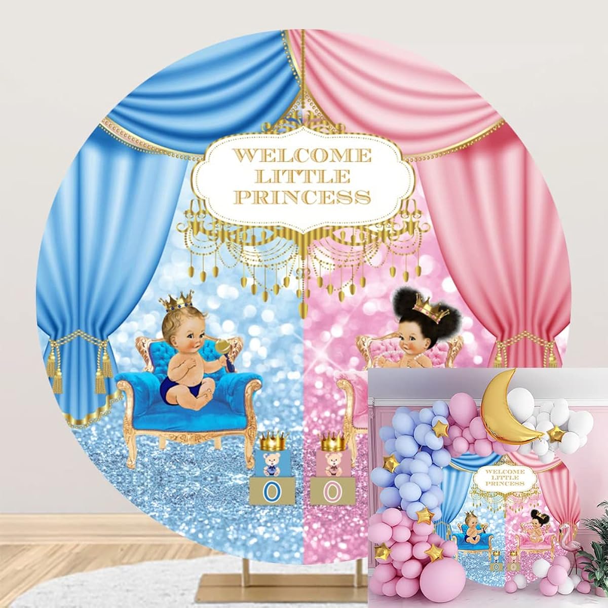 DORCEV Welcome Little Princess Round Backdrop Cover 7x7ft Polyester Blue Pink Baby Gender Reveal Party Background for Photography Curtain Pattern for Girls 1st Birthday Party Baby Shower Decoration Props