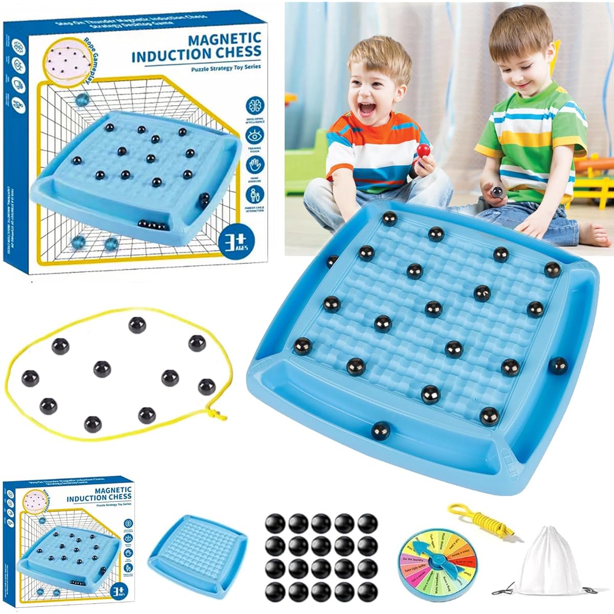 Magnetic Chess Game Set with Punishment Wheel, Portable Strategy Tabletop Magnetic Chess Game with 20 Rocks, Fun Chess Board Family Game Multiplayer Magnetic Board Game with Storage Bag for Kids Adults