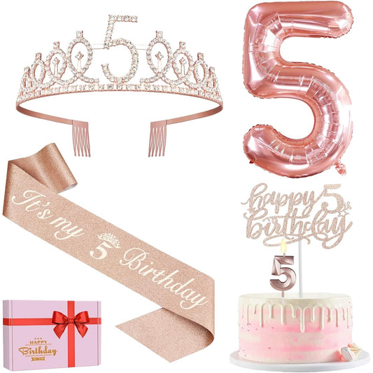 5th Birthday Decorations for Girls 5th Birthday Sash and Tiara 5 Candles and Cake Topper Rose Gold Balloons 3D Birthday Card and Poster Barbie Girl Gifts for 5th Birthday