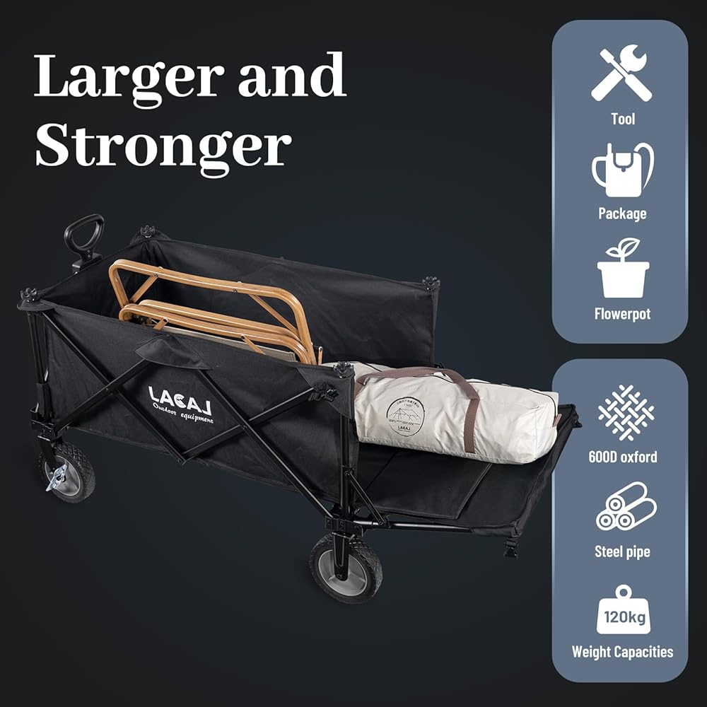 LACAL Garden Cart Carry Wagon Large Capacity with Brake Outdoor Carry Cart Load Capacity 120kg One-Touch Convergence Type Folding Extra Large Tire Luggage Carrying Outdoor Wagon