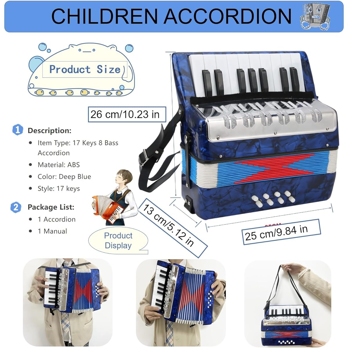 Accordion 17 Keys 8 Bass Accordion Musical Instrument Accordion Instrument Accordion Adjustable Strap Soft Sound Educational Instrument Portable Music Beginner Lover