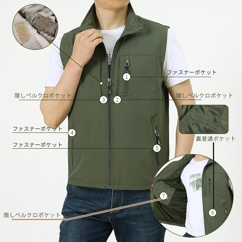 [Manatsulife] Men's Vest, Mesh Fishing Vest, For Work, Multi-pocket, Multi-functional, Water Repellent, Breathable, Photographer Vest, Fishing, Outdoor, Climbing, Stylish 1906
