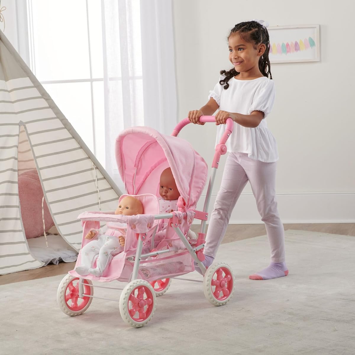 Badger Basket Foldable Double Front to Back Doll Stroller (Fits 18" Dolls) Pink/White
